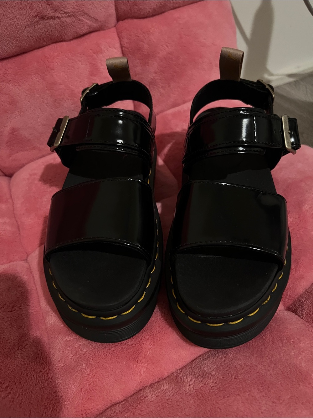 Dr. Martens Black Patent Leather Platform Sandals with Yellow Stitching